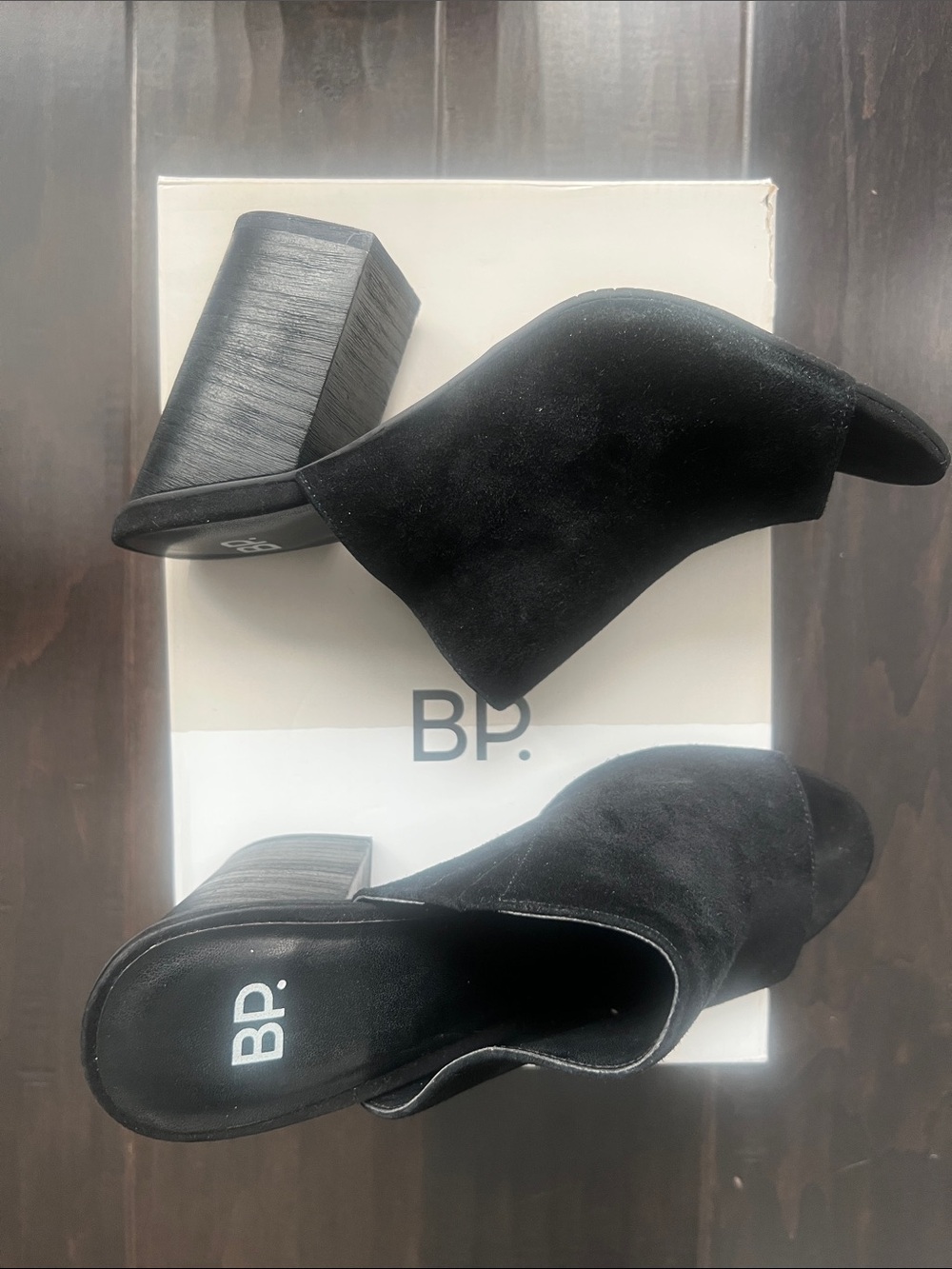 bp Black Suede Open-Toe Block Heel Mules. Great condition.